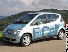 The Mercedes fuel cell car mixes hydrogen with oxygen to make electricity.