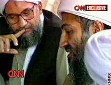 Osama bin Laden (R) shown here with his right-hand man, Ayman al-Zawahiri (L), in one of the tapes discovered by CNN in Afghanistan