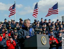 Hundreds of Coast Guard members listen as President Bush outlines progress in the war in Iraq.