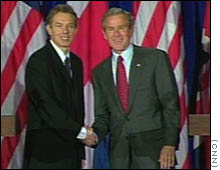 Bush and Blair near Crawford, Texas, April 2002.