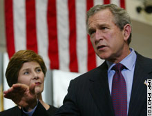 President Bush talks to reporters as first lady Laura Bush looks on after they visited wounded service members in military hospitals.