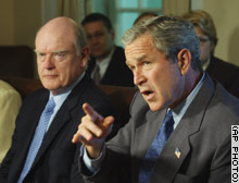 With Secretary of the Treasury John Snow sitting next to him, President Bush talks about Iraq and the economy during a Monday meeting of his Cabinet at the White House.