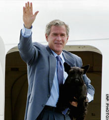 President Bush waves as he boards Air Force One with his dog Barney on Monday in Maine.