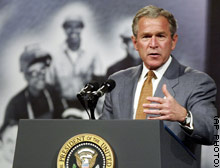President Bush tells an audience at a Virginia community college that Iraq's Saddam Hussein 