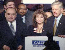 Bustamante joined Davis onstage at the state Democratic convention Saturday.