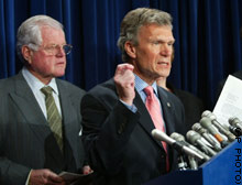 Sen. Edward Kennedy, D-Massachusetts, and Senate Minority Leader Tom Daschle, D-South Dakota, during a news conference Thursday regarding a prescription drug bill.