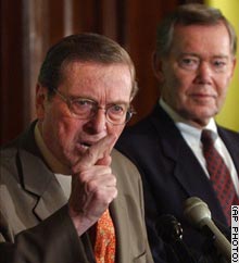 Republican Sen. Pete Domenici of New Mexico vows to continue efforts to pass the energy bill Friday. At right is Republican Sen. Craig Thomas of Wyoming.