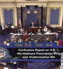The Senate voted 54 to 44 in favor of the Medicare bill on Tuesday.