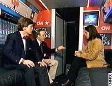 Soledad O'Brien joins Tucker Carlson and Paul Begala in the studio area of CNN's Election Express bus.