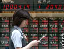 Tokyo's Nikkei briefly broke through the 10,000 mark on Tuesday.