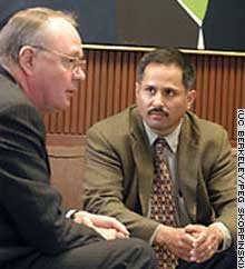Chancellor Robert Berdahl meets with Director of the UC Berkeley Center for Infectious Disease Preparedness Tomas Aragon. 