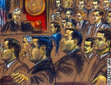 An artist's rendering shows defendants and their attorneys sitting before U.S. District Judge Alan Gold, upper left, at the federal courthouse in Miami, where 11 police officers are on trial on  corruption charges.