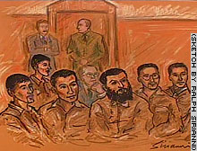 The six defendants are shown in a courtroom sketch from a September court appearance.