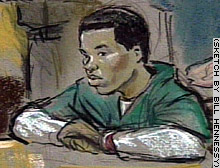 Lee Boyd Malvo listens as his attorneys speak in this courtroom sketch from Thursday's hearing.