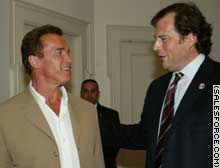 Arnold Schwarzenegger, left, became an unwitting prop in a Marc Benioff production when the CEO bought 500 tickets to a charity premiere of T3.