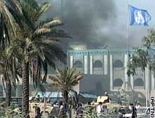 Smoke rises from the Canal Hotel after Tuesday's blast in Baghdad.