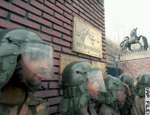 Iranian police officers guard UK embassy earlier this year.