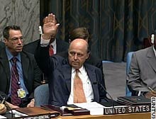John Negroponte, the U.S. ambassador to the United Nations, casts the lone vote against the Security Council resolution.