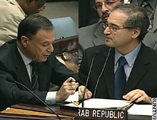 Israeli ambassador Dan Gillerman, left, answered charges from Syrian ambassador Fayssal Mekdad at an emergency session of the Security Council Sunday.