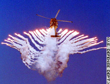 An SH-60 Sea Hawk, the Navy equivalent of the Army's Black Hawk, fires flares in an air power demonstration. The flares can distract heat-seeking missiles.