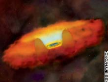 An artist's conception shows a black hole surrounded by a disk of hot gas, and a large doughnut or torus of cooler gas and dust. 